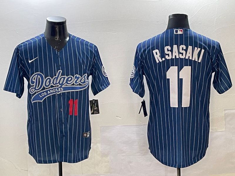 Men Los Angeles Dodgers #11 R.Sasaki Blue Stripe Joint Name 2025 Nike MLB Jersey style 2